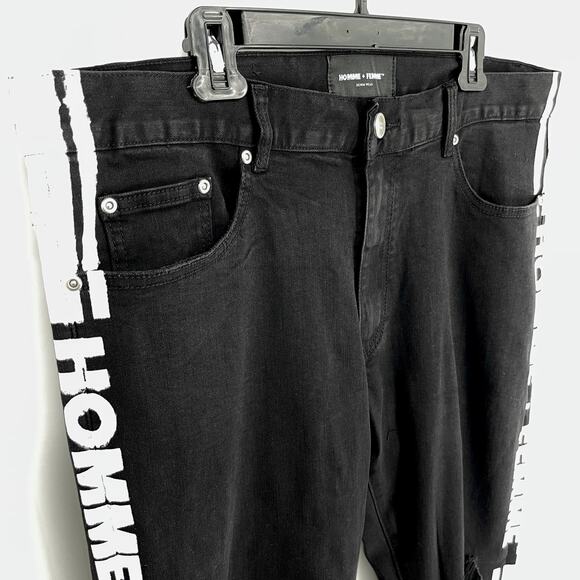 Homme + Femme NEW Skinny Distressed Jeans Mens Sz 40 Black White Logo Stripes - Picture 2 of 9